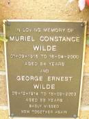 Muriel Constance WILDE, 01-09-1915 - 16-04-2000 aged 84 years; George Ernest WILDE, 06-12-1914 - 18-02-2003 aged 88 years; Lawnton cemetery, Pine Rivers Shire 