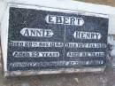 
Annie EBERT,
died 29 Nov 1948 aged 69 years;
Henry EBERT,
died 19 Feb 1956 aged 82 years;
Lawnton cemetery, Pine Rivers Shire
