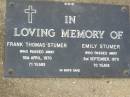 Frank Thomas STUMER, died 10 April 1970 aged 71 years; Emily STUMER, died 2 Sept 1970 aged 70 years; Lawnton cemetery, Pine Rivers Shire 