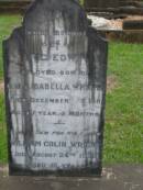 
Eric Edwin,
son of C.J. & Isabella WRIGHT,
died 3 Dec 1911 aged 1 year 5 months;
William Colin WRIGHT,
died 24 Aug 1922 aged 15 years;
Colin James WRIGHT,
died 8 Nov 1950 aged 75 years;
Isabella WRIGHT,
died 30 Sept 1968 aged 88 years 9 months;
Annie LEIS,
wife mother,
died 22 april 1961 aged 73 years;
Owen LEIS,
father,
died 5 July 1976 aged 91 years;
Amelia,
wife of Owen LEIS,
died 8 July 1911 aged 23 years;
Isabel,
infant daughter of Owen & Amelia LEIS,
died 30 June 1911 aged 8 days;
Lawnton cemetery, Pine Rivers Shire
