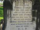 
Thomas STANLEY,
father,
died 25 June 1898 aged 42 years;
Mary Ann STANLEY,
mother,
died 28 Dec 1931 aged 78 years;
George Seymour STANLEY,
brother,
killed France 10 Oct 1917 aged 22 years;
Lawnton cemetery, Pine Rivers Shire

