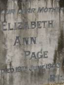 Ellen, wife of William NUGENT, mother, died 9 Feb 1900 aged 54 years; William NUGENT, died 16 Feb 1917 aged 70 years; Elizabeth Ann PAGE, mother, died 19 June 1943; William Frederick PAGE, father, died 25 April 1943; Lawnton cemetery, Pine Rivers Shire 