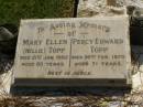 
Mary Ellen (Nellie) TOPP,
died 21 Jan 1982 aged 80 years;
Percy Edward TOPP,
died 26 Feb 1970 aged 71 years;
Lawnton cemetery, Pine Rivers Shire
