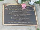 
Anna Mary Vanda BREWER,
wife of Fred,
mother grandmother,
died 6-6-2001 aged 89 years;
Lawnton cemetery, Pine Rivers Shire
