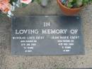 Nicholas Louis EBERT, died 12 Jan 1989 aged 73 years; Jean Marie EBERT, died 14 Nov 1990 aged 71 years; Lawnton cemetery, Pine Rivers Shire 
