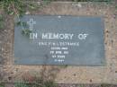 
Eric F.H. LESTRANGE (LESTRANGE?),
died 3 April 1981 aged 84 years;
Lawnton cemetery, Pine Rivers Shire
