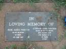 
Irene Agnes PARDOEN,
wife mother,
died 4 June 1987;
Stephen John PARDOEN,
son brother,
died 17 March 1995? aged 19 years;
Lawnton cemetery, Pine Rivers Shire
