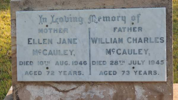 William Charles McCAULEY  | d: 28 Jul 1945 aged 73  |   | Ellen Jane McCAULEY  | d: 10 Aug 1946 aged 72  |   | Legume cemetery, Tenterfield, NSW  |   |   | 