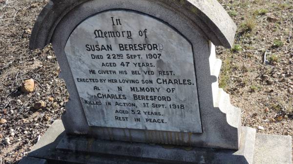 Susan BERESFORD  | d: 22 Sep 1907 aged 47  |   | son:  | Charles BERESFORD  | d: 1 Sep 1918 aged 32  |   | Leyburn Cemetery  |   | 