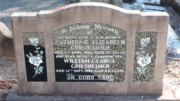 Catherine Elizabeth GRIESHEIMER  | d: 6 Apr 1966 aged 57  |   | William George GRIESHEIMER  | d: 12 Sep 1989, aged 84  |   | Leyburn Cemetery  |   | 