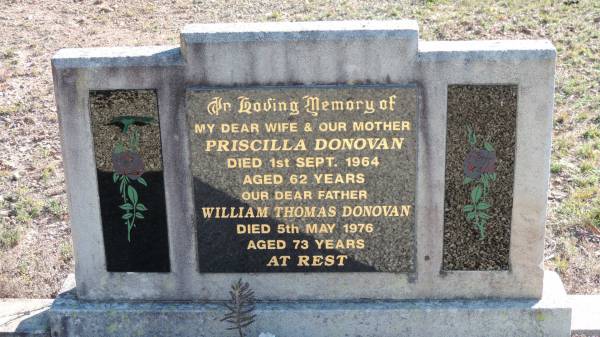 Priscilla DONOVAN  | d: 1 Sep 1964 aged 62  |   | William Thomas DONOVAN  | d: 5 May 1976 aged 73  |   | Leyburn Cemetery  | 