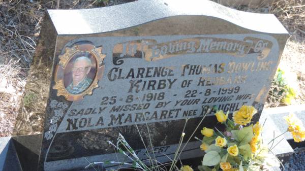 Clarence Thomas Dowling KIRBY  | of Redbank  | b: 25 Aug 1918  | d: 22 Aug 1999  |   | wife: Nola Margaret (KIRBY) (nee RAUCHLE)  |   | Leyburn Cemetery  | 