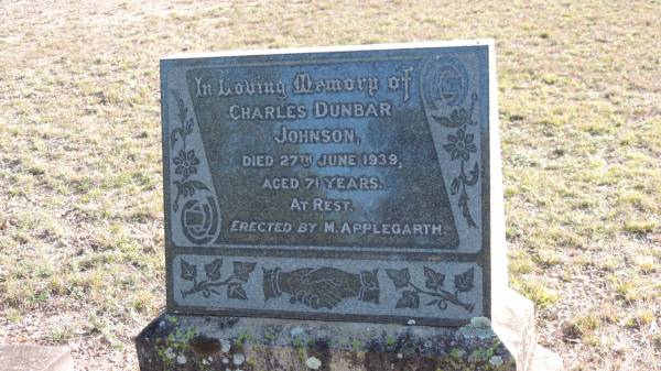 Charles Dunbar JOHNSON  | d: 27 Jun 1939 aged 71  |   | erected by M APPLEGARTH  |   | Leyburn Cemetery  |   | 