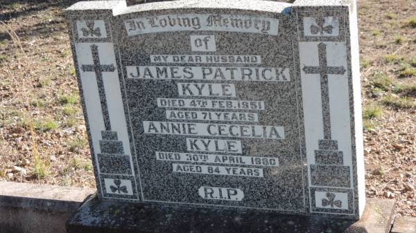 James Patrick KYLE  | d: 4 Feb 1951 aged 71  |   | Annie Cecelia KYLE  | d: 20 Apr 1980 aged 84  |   | Leyburn Cemetery  |   |   | 