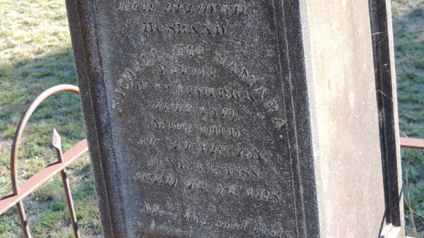 Michael McNAMARA  | d: 18 Jun 1888 aged 42 at Leyburn  | b: county Limerick?  |   | husband of Abby McNAMARA  |   | Leyburn Cemetery  |   | 