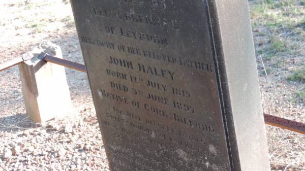 John HALEY  | b: 12 Jul 1815  | d: 3 Jun 1897  | native of Cork Ireland  |   | Daughter Eliza BRENNAN of Leyburn  |   | Leyburn Cemetery  |   | 