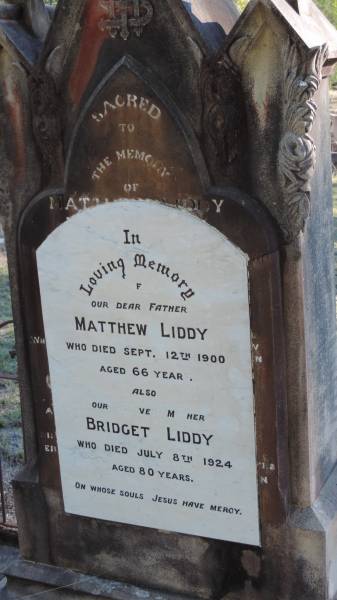 Matthew LIDDY  | d: 12 Sep 1900 aged 66  |   | Bridget LIDDY  | d: 8 Jul 1924 aged 80  |   | Leyburn Cemetery  |   | 