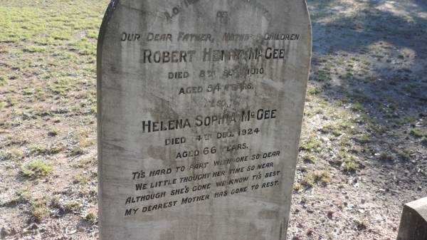 Robert Henry McGEE  | d: 8 Sep 1910 aged 54  |   | Helena Sophia McGEE  | d: 4 Dec 1924 aged 66  |   | Leyburn Cemetery  |   | 