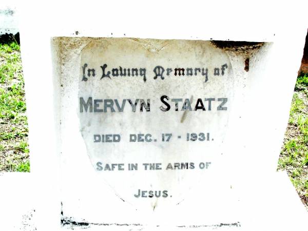 Mervyn STAATZ,  | died 17 Dec 1931;  | Lockrose Green Pastures Lutheran Cemetery, Laidley Shire  | 