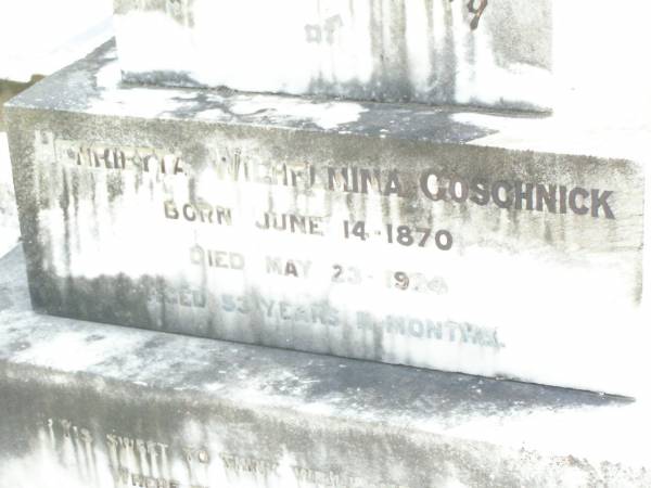 Henrietta Wilhelmina GOSCHNICK,  | born 14 June 1870 died 23 May 1924  | aged 53 years 11 months;  | Lockrose Green Pastures Lutheran Cemetery, Laidley Shire  | 