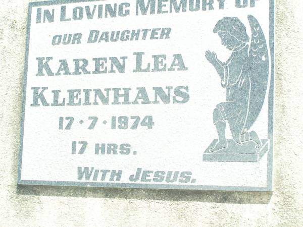 Karen Lea KLEINHANS, daughter,  | died 17-7-1974, aged 17 hours;  | Lockrose Green Pastures Lutheran Cemetery, Laidley Shire  | 