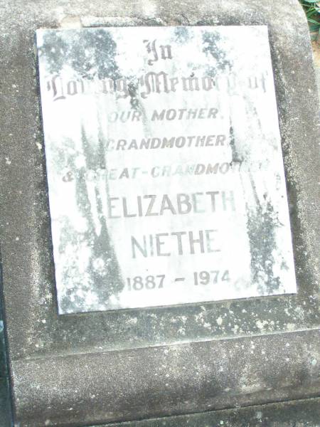 Elizabeth NIETHE, mother grandmother great-grandmother,  | 1887 - 1974;  | Lockrose Green Pastures Lutheran Cemetery, Laidley Shire  | 