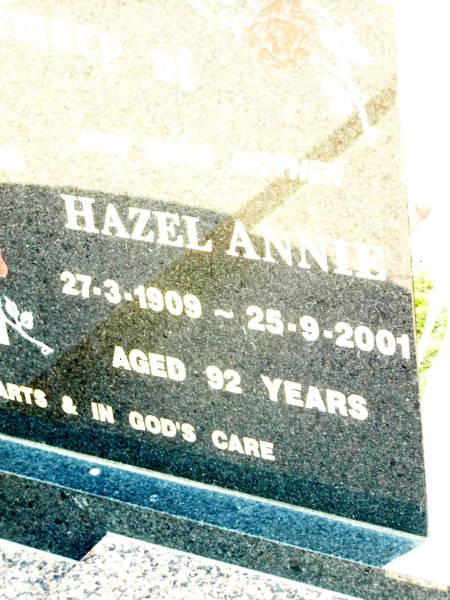 Harold Louie SPENGLER,  | 1-8-1913 - 1-2-2001 aged 87 years;  | Hazel Annie SPENGLER, mother,  | 27-3-1909 - 25-9-2001 aged 92 years;  | Lockrose Green Pastures Lutheran Cemetery, Laidley Shire  | 