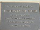 Justus Lyn F. KUHL died 20 Sept 97, husband of Estelle, Logan Village Cemetery, Beaudesert 