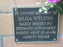 Olga WILSON died 12-11-96 aged 71 years; Logan Village Cemetery, Beaudesert 