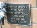 wife Mavis Irene CRAMP died 13 Sept 1994 aged 78 years; Logan Village Cemetery, Beaudesert 