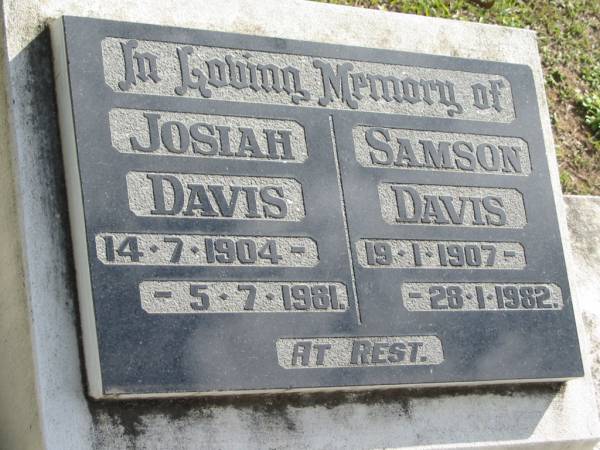 Josiah DAVIS 14-7-1904 - 5-7-1981;  | Samson DAVIS 19-1-1907 - 28-1-1982;  | Logan Village Cemetery, Beaudesert  | 