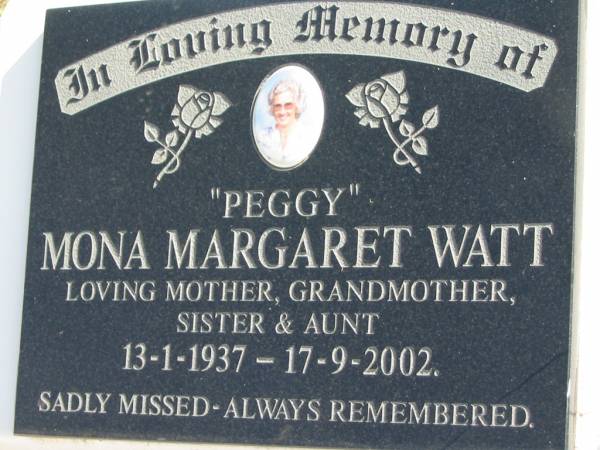  Peggy  Mona Margaret WATT, 13-1-1937 - 17-9-2002, mother grandmother sister aunt;  | Logan Village Cemetery, Beaudesert  | 