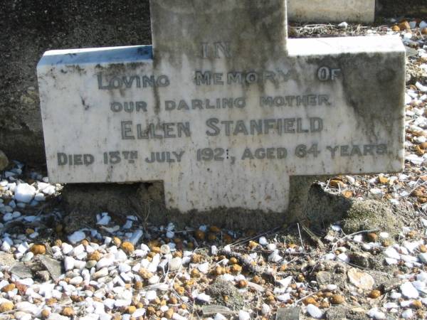 Alfred STANFIELD died 22 July 1905 aged 52 years;  | son Joseph STANFIELD drowned 14 March 1908 aged 28 years;  | Mary Mildred [STANFIELD] died 11 July 1909 aged 25 years;  | mother Ellen STANFIELD died 13 July 1921 aged 64 years;  | Elsie Sarah STANFIELD died 20 May 1919 aged 24 years;  | Francis STANFIELD died 15 Aug 1926 aged 36 years;  | Alfred STANFIELD died 19 Nov 1917 aged 29 years;  | John STANFIELD died 4 Jan 1926 aged 28 years;  | Logan Village Cemetery, Beaudesert  | 