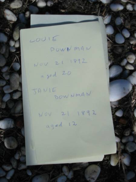 Louie DOWNMAN died 21 Nov 1892 aged 20 years;  | Janie DOWNMAN died 21 Nov 1892 aged 12 years;  | Logan Village Cemetery, Beaudesert  | 