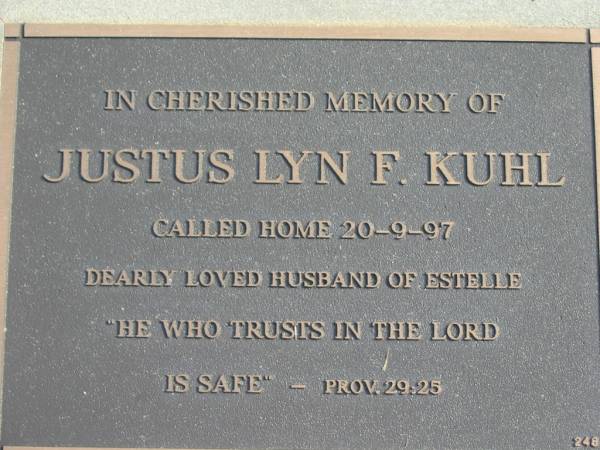 Justus Lyn F. KUHL died 20 Sept 97, husband of Estelle,  | Logan Village Cemetery, Beaudesert  | 