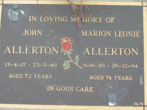 John ALLERTON 13-4-17 - 23-5-89 aged 72 years;  | Marion Leonie ALLERTON 6-6-20 - 26-12-94 aged 74 years;  | Logan Village Cemetery, Beaudesert  | 