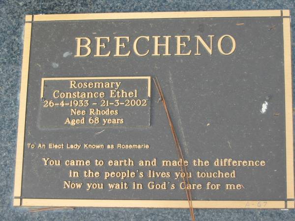 BEECHENO;  | Rosemary Constance Ethel, nee RHODES, 26-4-1933 - 21-3-2202, aged 68 years;  | Logan Village Cemetery, Beaudesert Shire  | 
