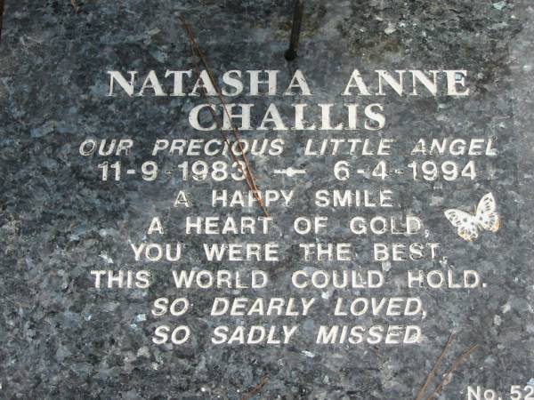 Natasha Anne CHALLIS, 11-9-1983 - 6-4-1994;  | Logan Village Cemetery, Beaudesert Shire  | 