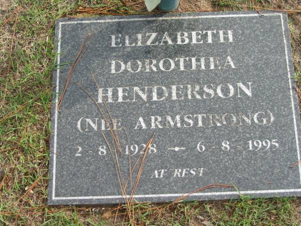 Elizabeth Dorothea HENDERSON, nee ARMSTRONG, 2-8-1928 - 6-8-1995;  | Logan Village Cemetery, Beaudesert Shire  | 