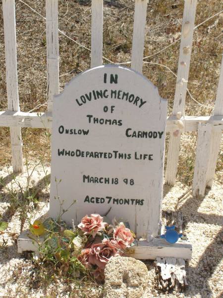 Thomas Onslow CARMODY  | d: Mar 1898, aged 7 months  | lone grave at Hamelin Pool (telegraph station) WA  | 