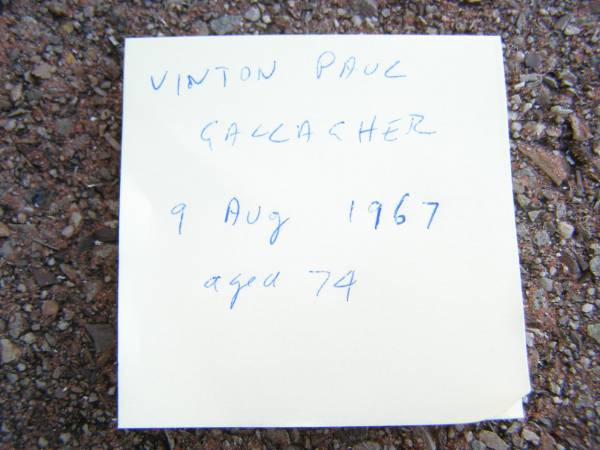 Vinton Paul GALLAGHER  | d: 9 Aug 1967, aged 74  | Landsborough shire historical museum  | 