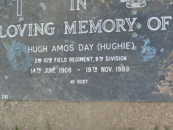 Hugh Amos DAY (Hughie),  | 14 June 1908 - 18 Nov 1989;  | Lower Coomera cemetery, Gold Coast  | 