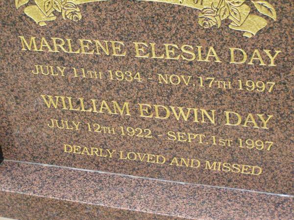 Marlene Elesia DAY,  | 11 July 1934 - 17 Nov 1997;  | William Edwin DAY,  | 12 July 1922 - 1 Sept 1997;  | Lower Coomera cemetery, Gold Coast  | 