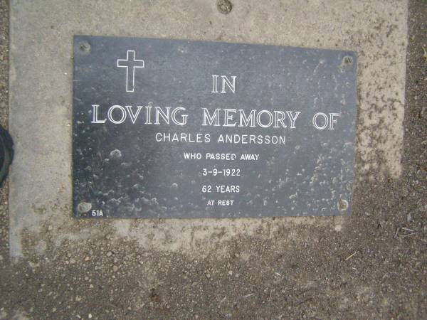 Charles ANDERSSON,  | died 3-9-192 aged 62 years;  | Lower Coomera cemetery, Gold Coast  | 