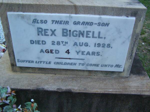 Mary HOLLINDALE,  | died 12 May 1917 aged 61 years;  | John HOLLINDALE,  | died 27 aug 1926 aged 75 years;  | Rex BIGNELL,  | grandson,  | died 28 Aug 1928 aged 4 years;  | Lower Coomera cemetery, Gold Coast  | 