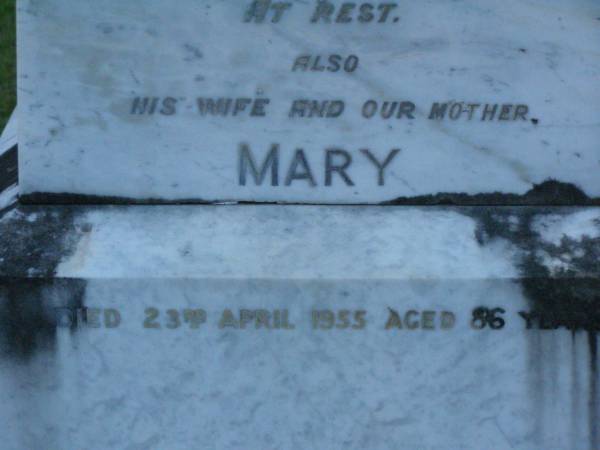 James Frank OXENFORD,  | husband father,  | died 4 July 1923 aged 55 years;  | Mary,  | wife mother,  | died 23 April 1935 aged 86? years;  | Lower Coomera cemetery, Gold Coast  | 