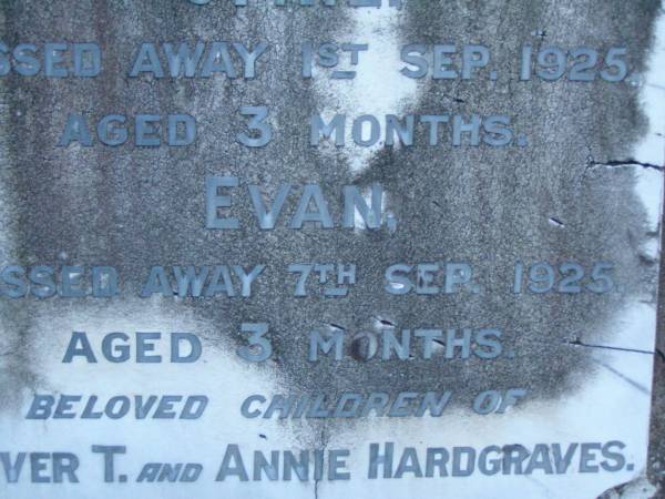 Olga,  | died 17 April 1923 aged 5 years;  | Cyril,  | died 1 Sept 1925 aged 3 months;  | Evan,  | died 7 Sept 1925 aged 3 months;  | children of Oliver T. & Annie HARDGRAVES;  | Oliver Thomas HARDGRAVES,  | 9-1-1894 - 6-4-1974;  | Annie Mary HARDGRAVES,  | 2-3-1897 - 4-10-1980;  | Lower Coomera cemetery, Gold Coast  | 