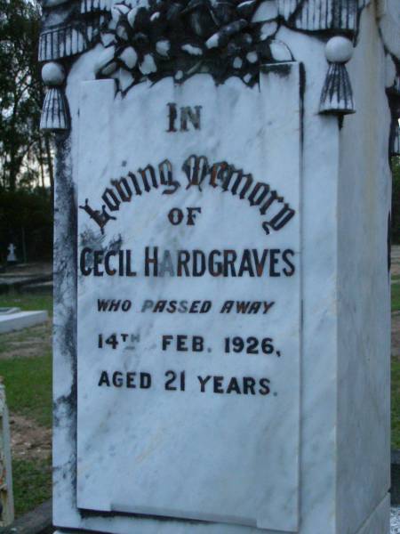 Cecil HARDGRAVES,  | died 14 Feb 1926 aged 21 years;  | Lower Coomera cemetery, Gold Coast  | 