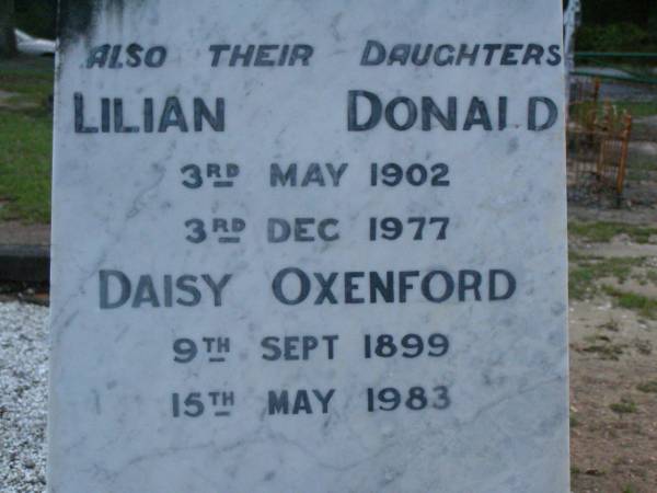 John DONALD,  | died 29 July 1920 aged 62 years;  | Theresa,  | wife,  | died 12 July 1926 aged 60 years;  | daughters;  | Lilian DONALD,  | 3 May 1902 - 3 Dec 1977;  | Daisy OXENFORD,  | 9 Sept 1899 - 15 May 1983;  | Lower Coomera cemetery, Gold Coast  | 