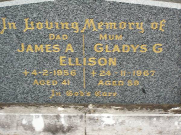 James A. ELLISON,  | dad,  | died 4-2-1956 aged 41 years;  | Gladys G. ELLISON,  | mum,  | died 24-11-1967 aged 59 years;  | Lower Coomera cemetery, Gold Coast  | 